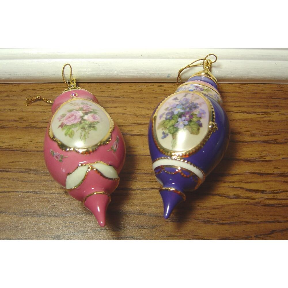 2 LENA LIU FOREVER FLOWERS ORNAMENTS-ROSES & VIOLETS-BRADFORD EDITIONS